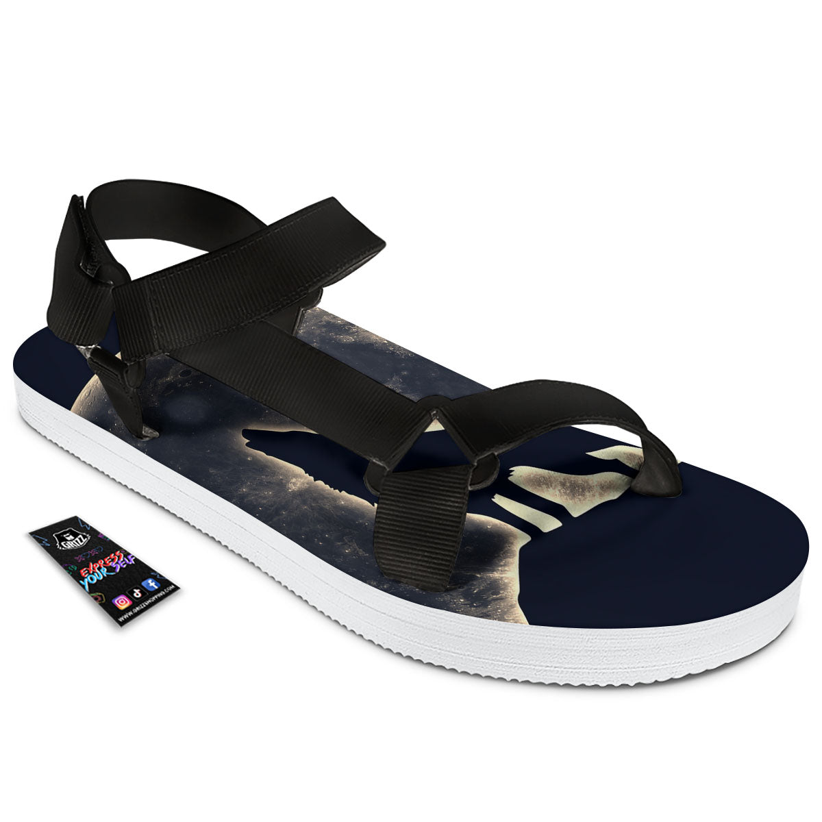 Wolf Moonlight Print Black Open Toe Sandals-grizzshop