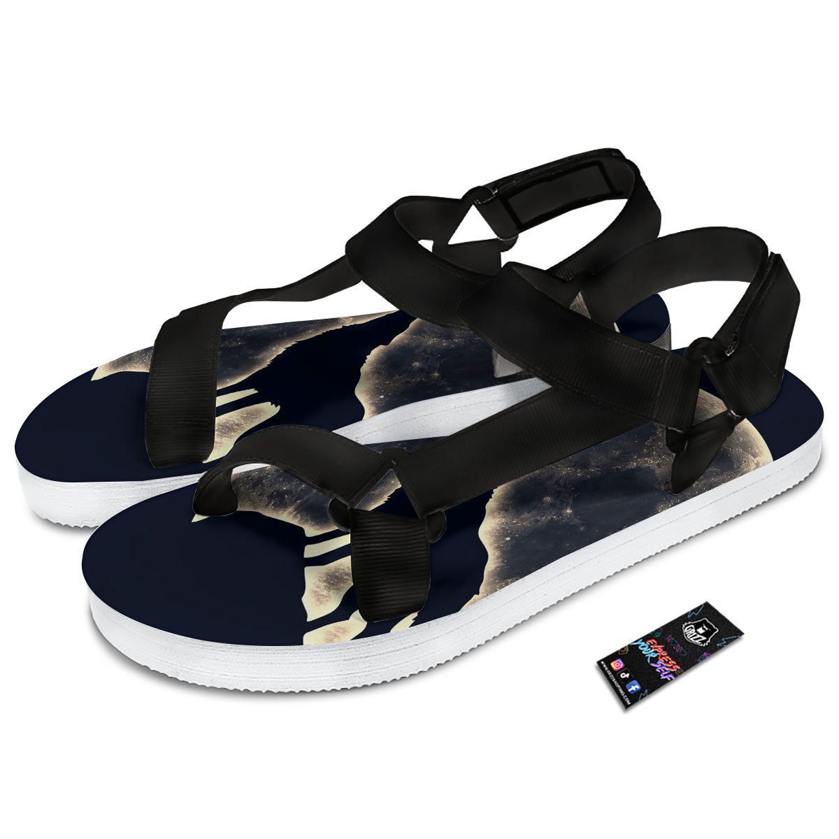 Wolf Moonlight Print Black Open Toe Sandals-grizzshop