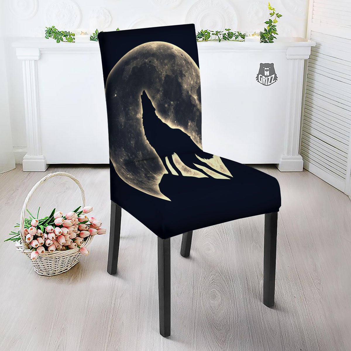Wolf Moonlight Print Dining Chair Slipcover-grizzshop