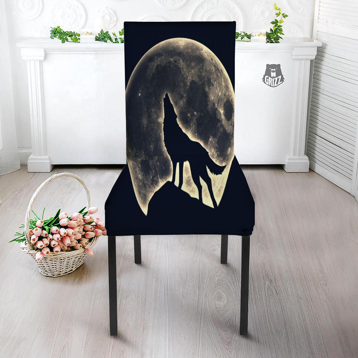 Wolf Moonlight Print Dining Chair Slipcover-grizzshop