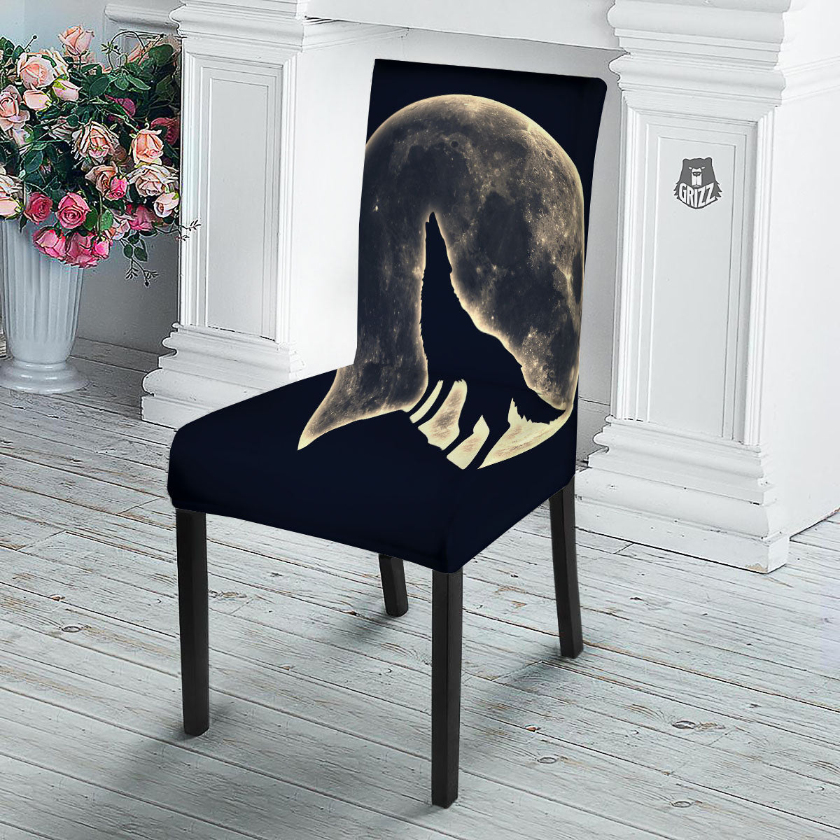 Wolf Moonlight Print Dining Chair Slipcover-grizzshop