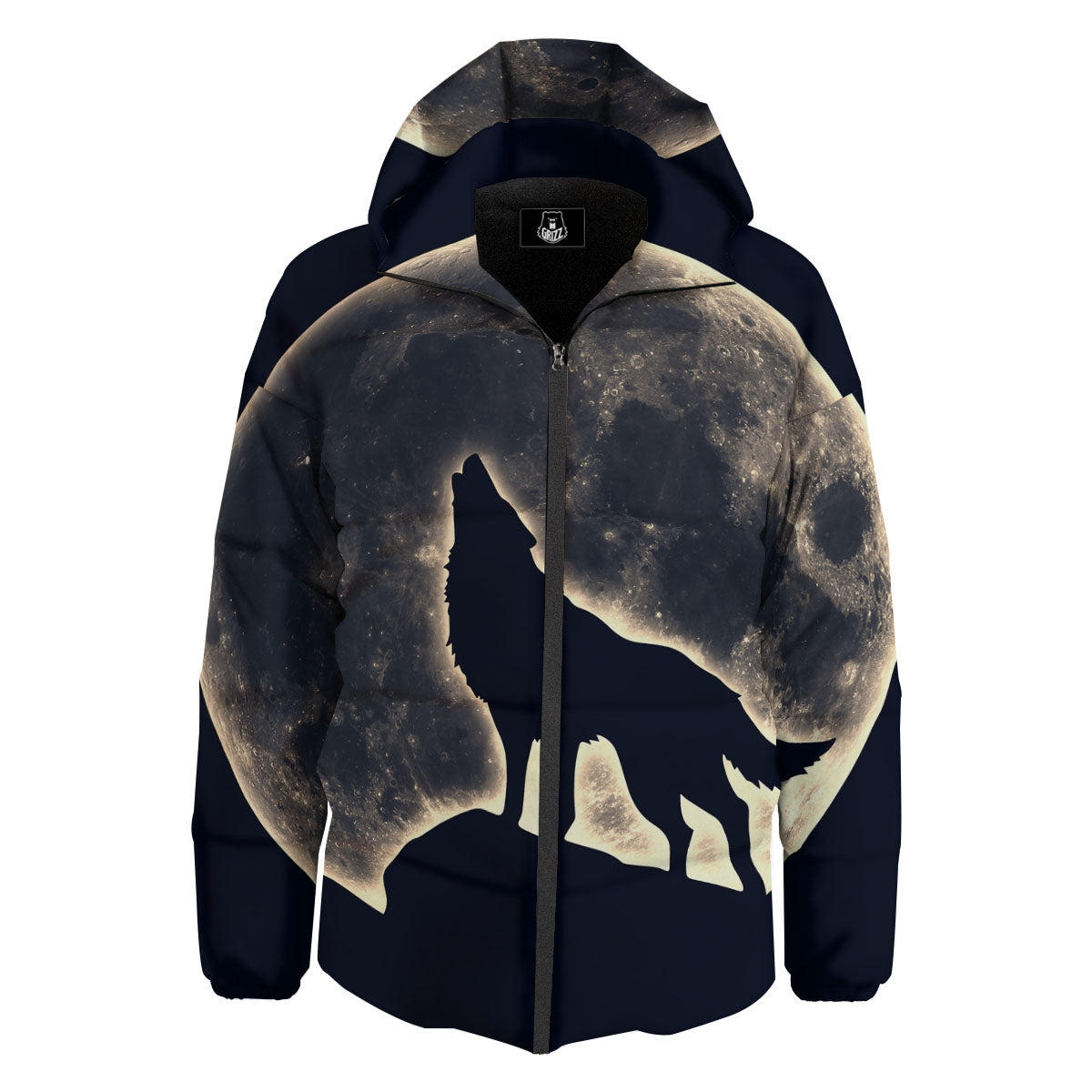 Wolf Moonlight Print Down Jacket-grizzshop