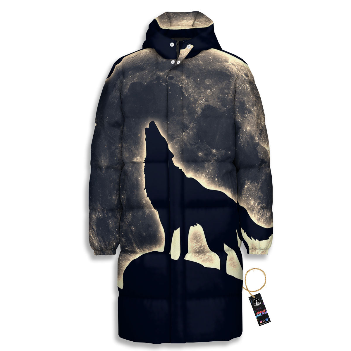 Wolf Moonlight Print Long Down Jacket-grizzshop