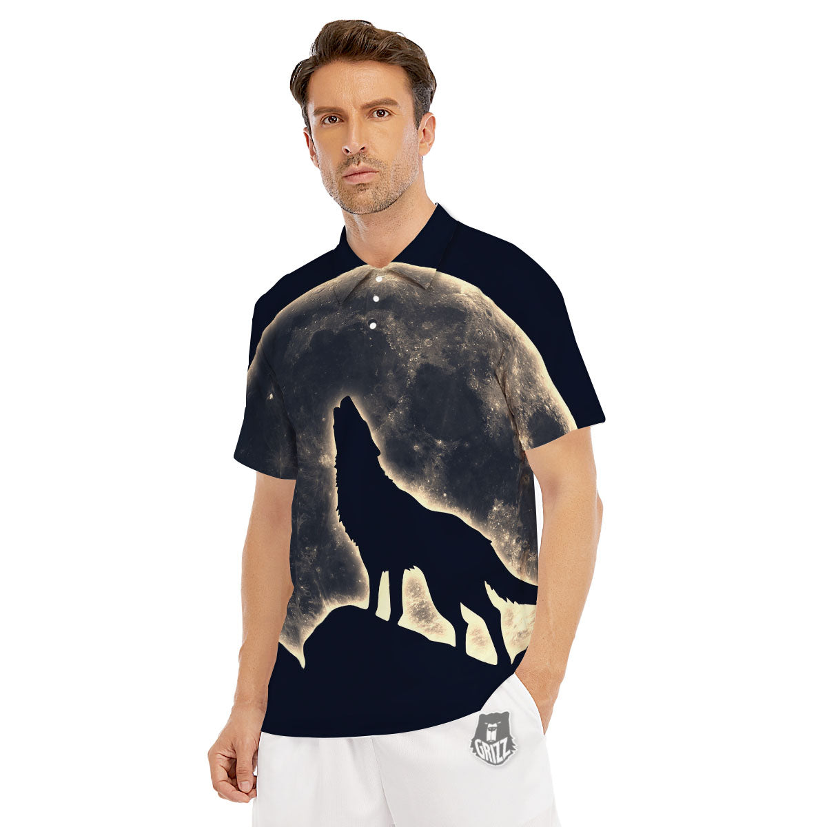 Wolf Moonlight Print Men's Golf Shirts-grizzshop