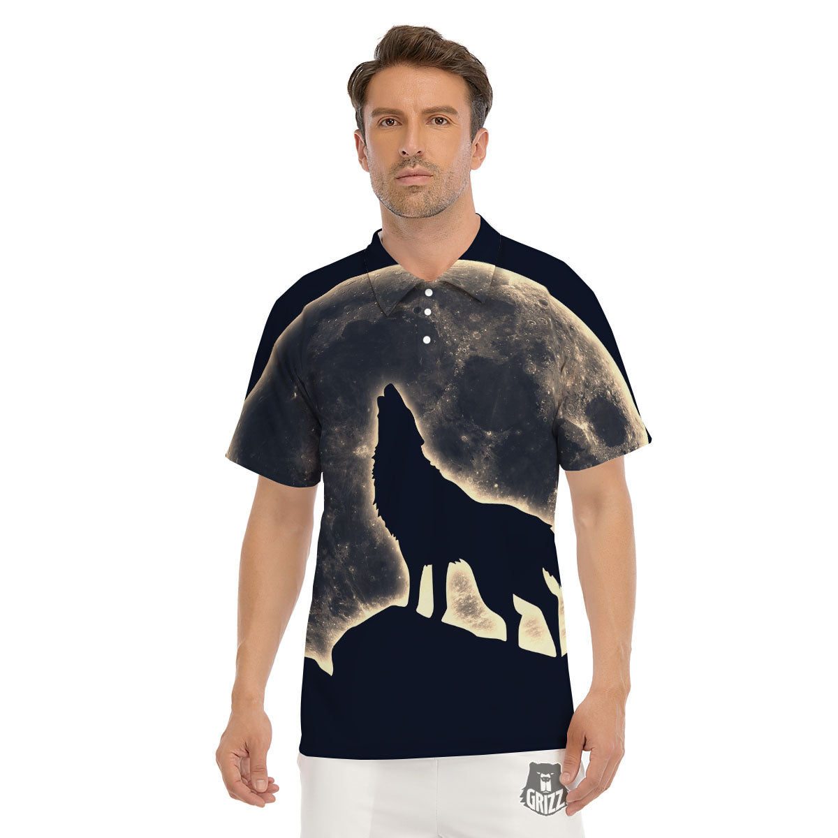 Wolf Moonlight Print Men's Golf Shirts-grizzshop