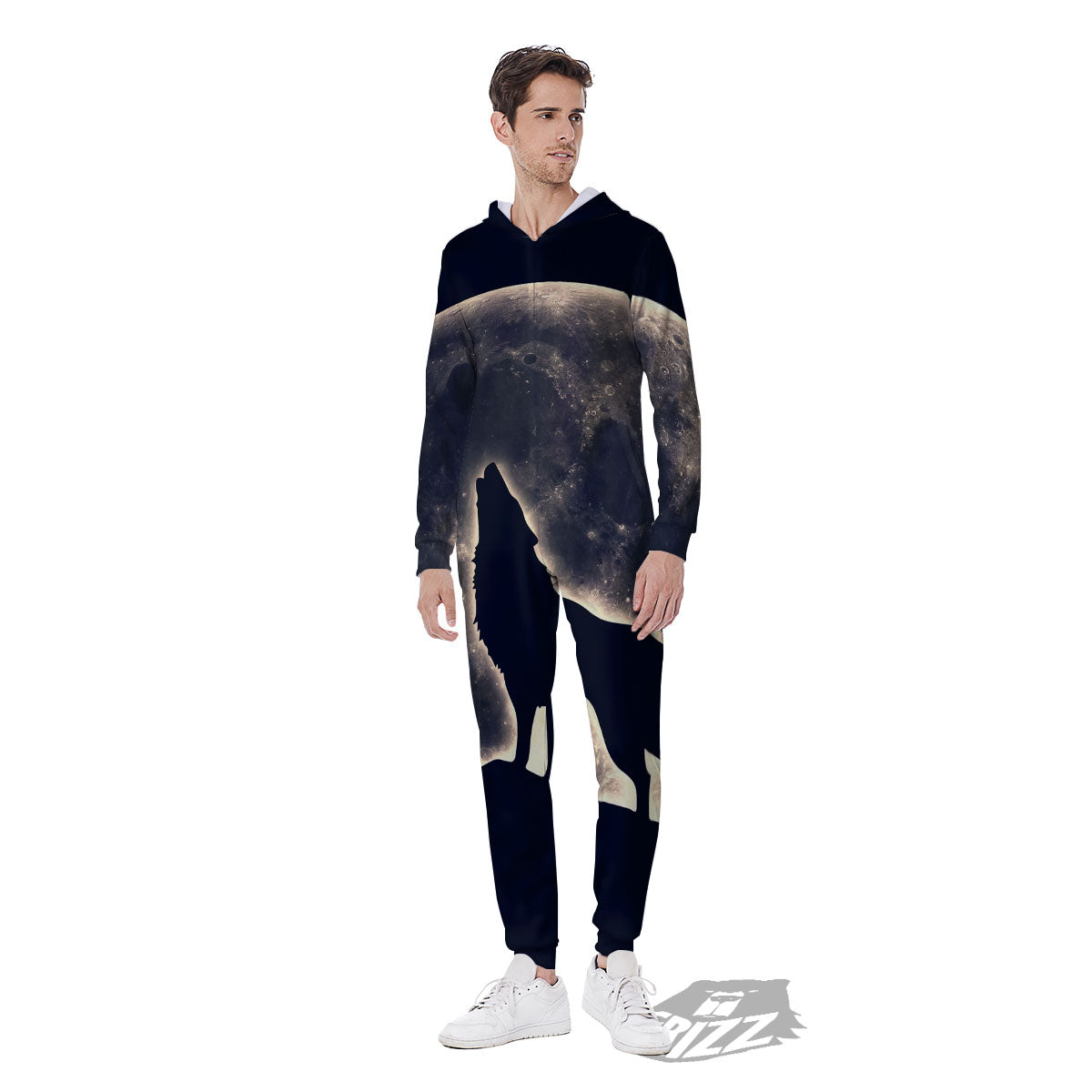 Wolf Moonlight Print Men's Jumpsuit-grizzshop