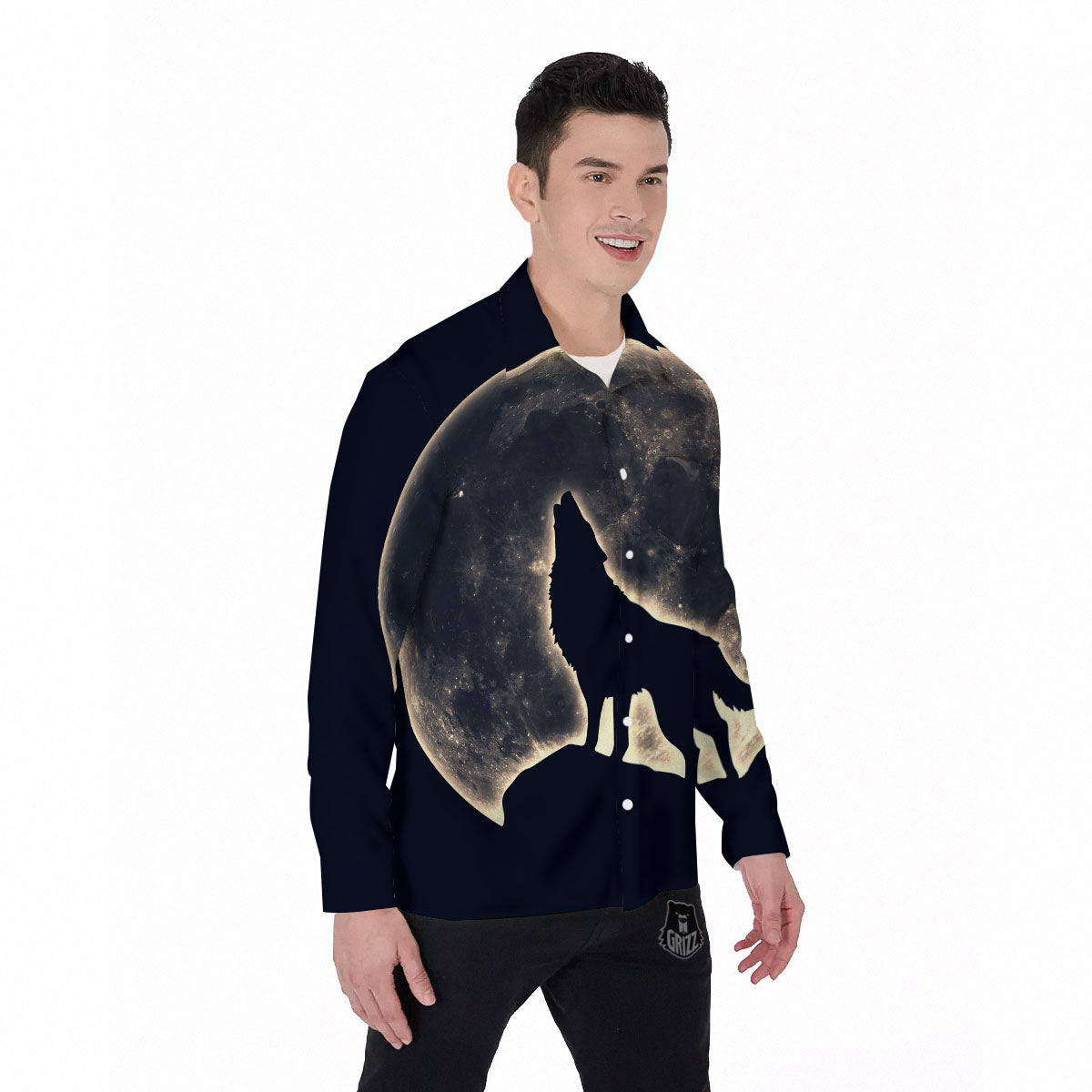 Wolf Moonlight Print Men's Long Sleeve Shirts-grizzshop