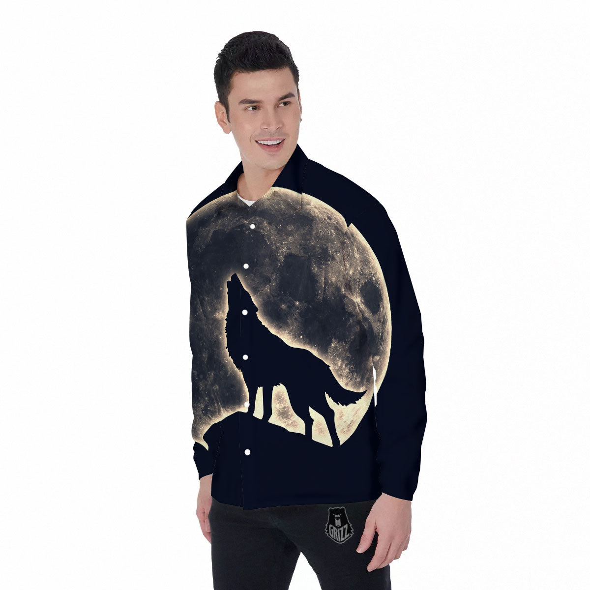 Wolf Moonlight Print Men's Long Sleeve Shirts-grizzshop