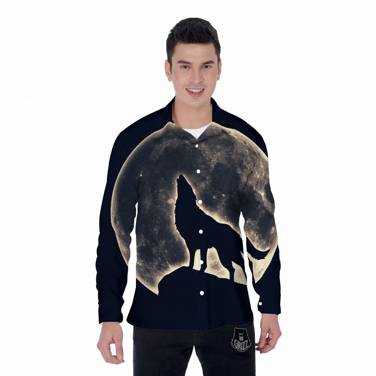 Wolf Moonlight Print Men's Long Sleeve Shirts-grizzshop