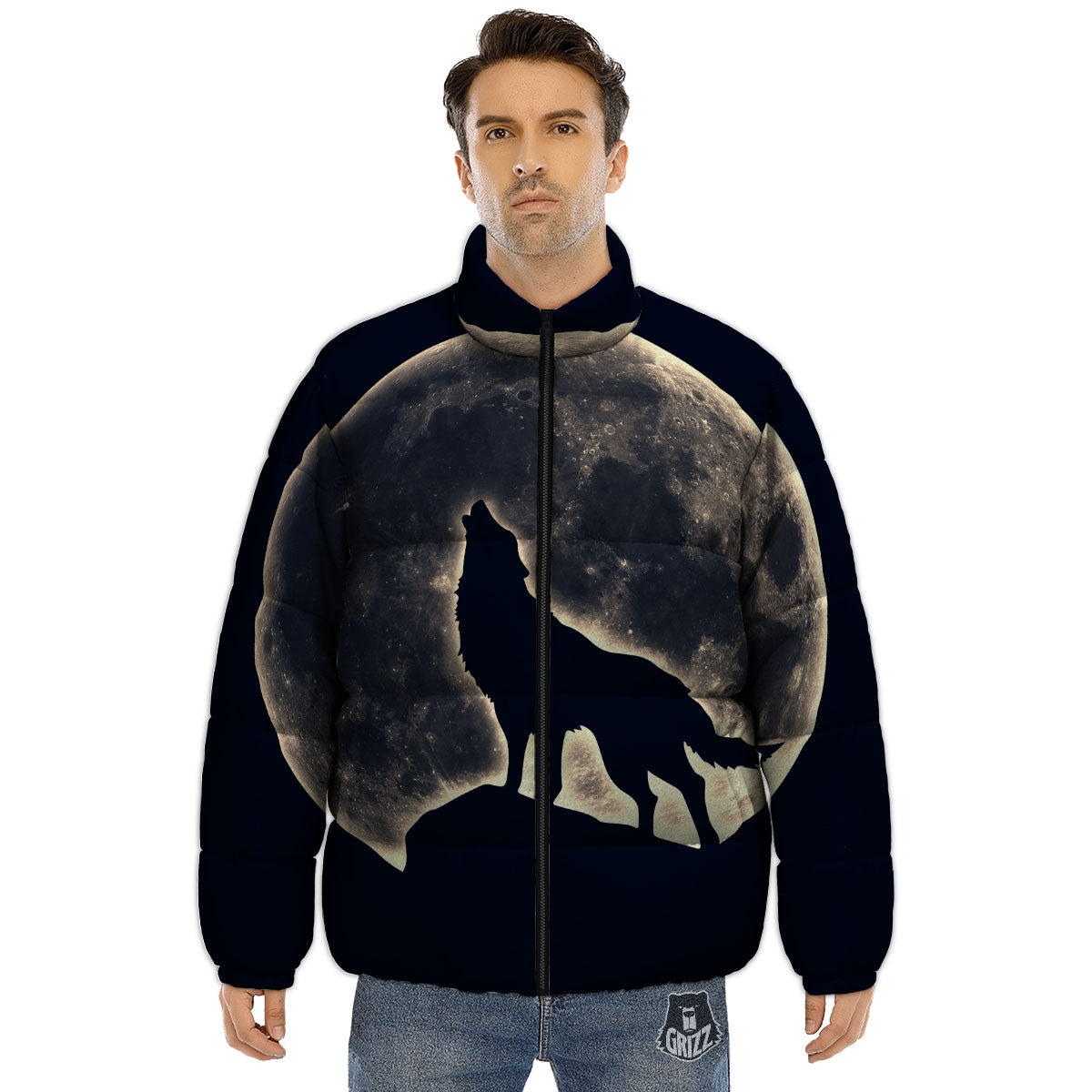Wolf Moonlight Print Puffer Jacket-grizzshop