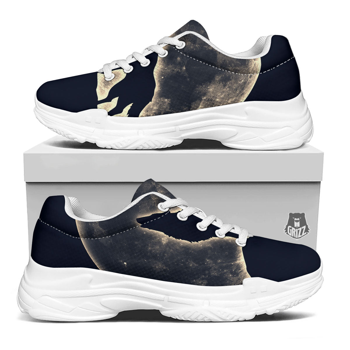 Wolf Moonlight Print White Chunky Shoes-grizzshop