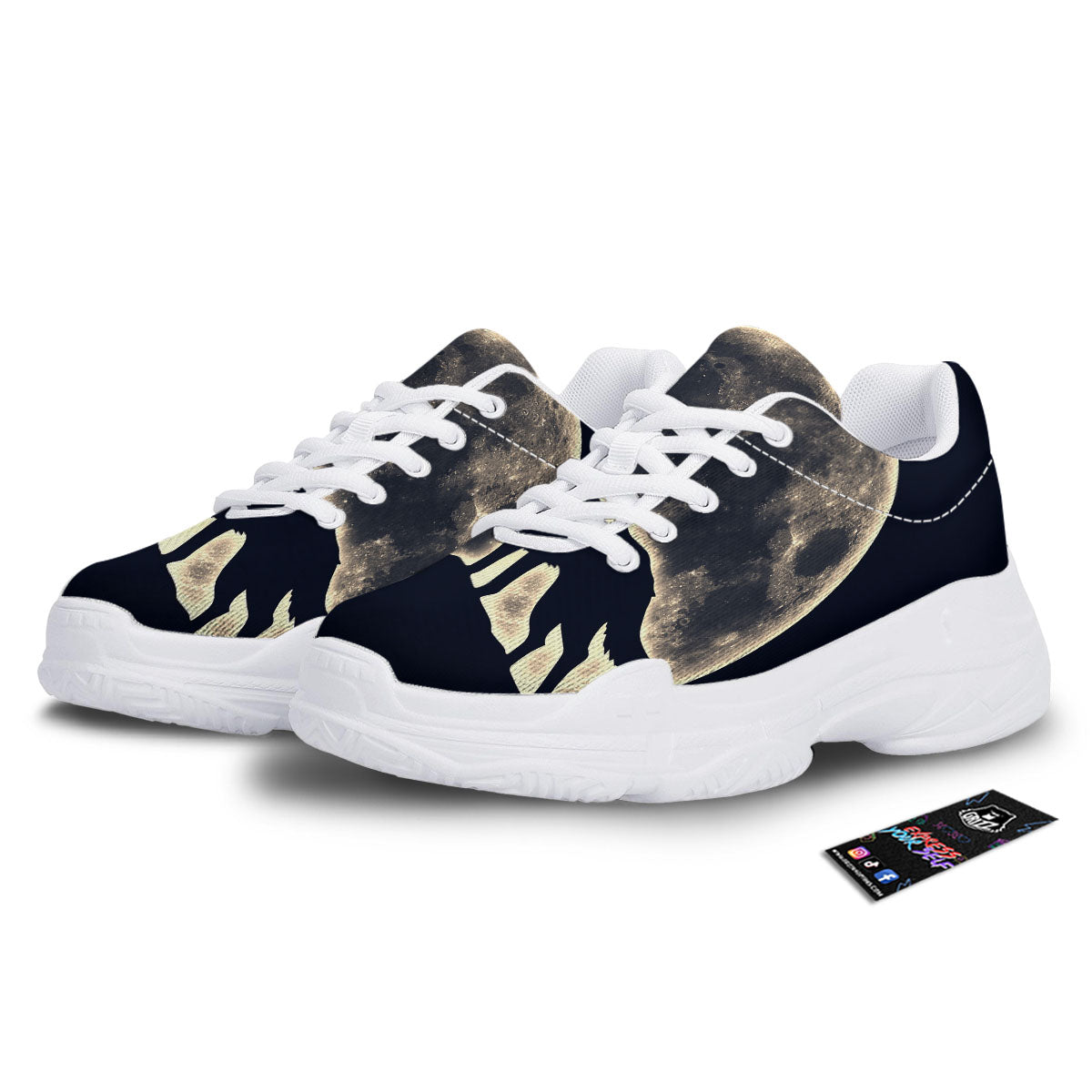 Wolf Moonlight Print White Chunky Shoes-grizzshop