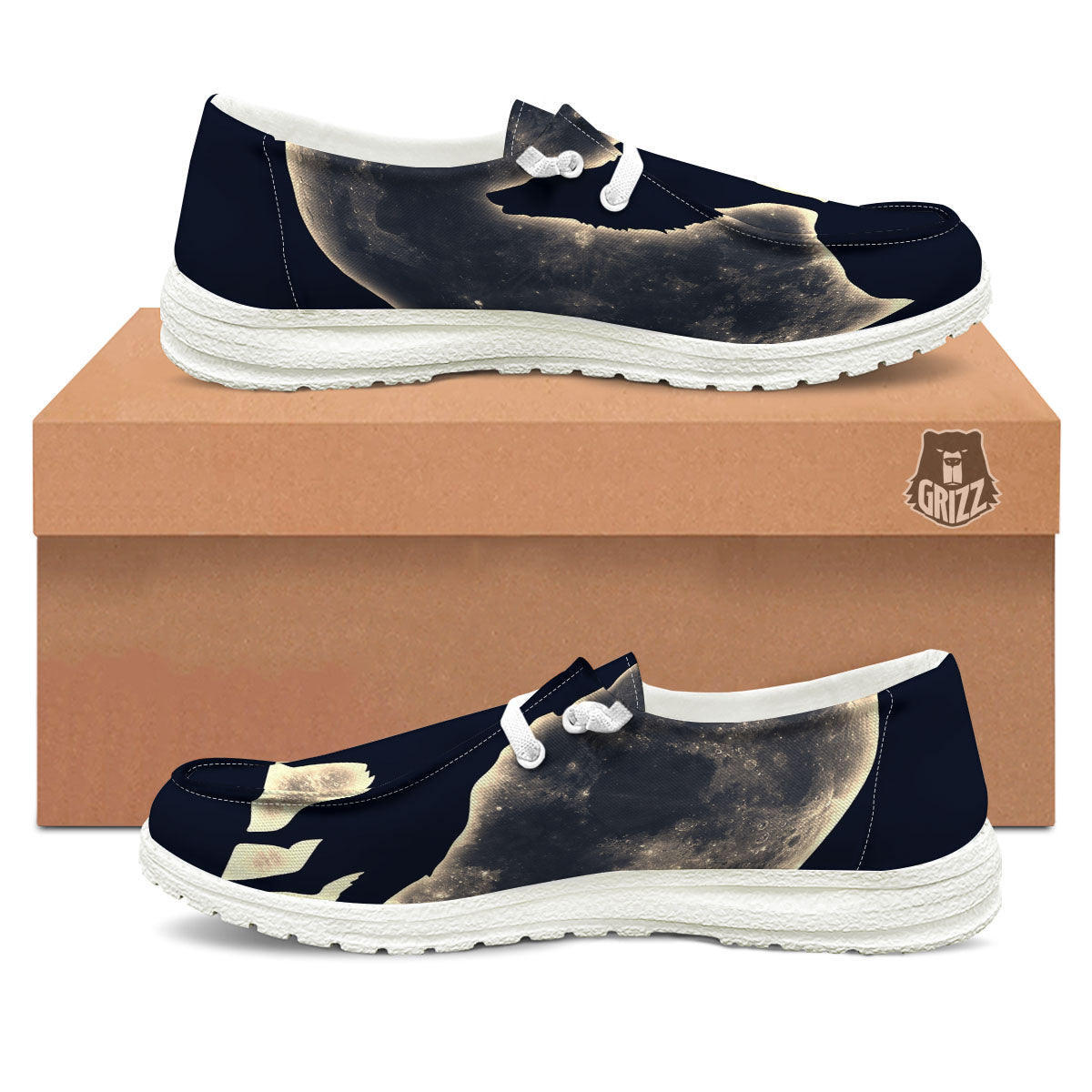 Wolf Moonlight Print White Loafers-grizzshop