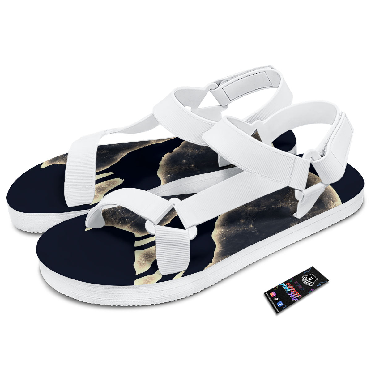 Wolf Moonlight Print White Open Toe Sandals-grizzshop