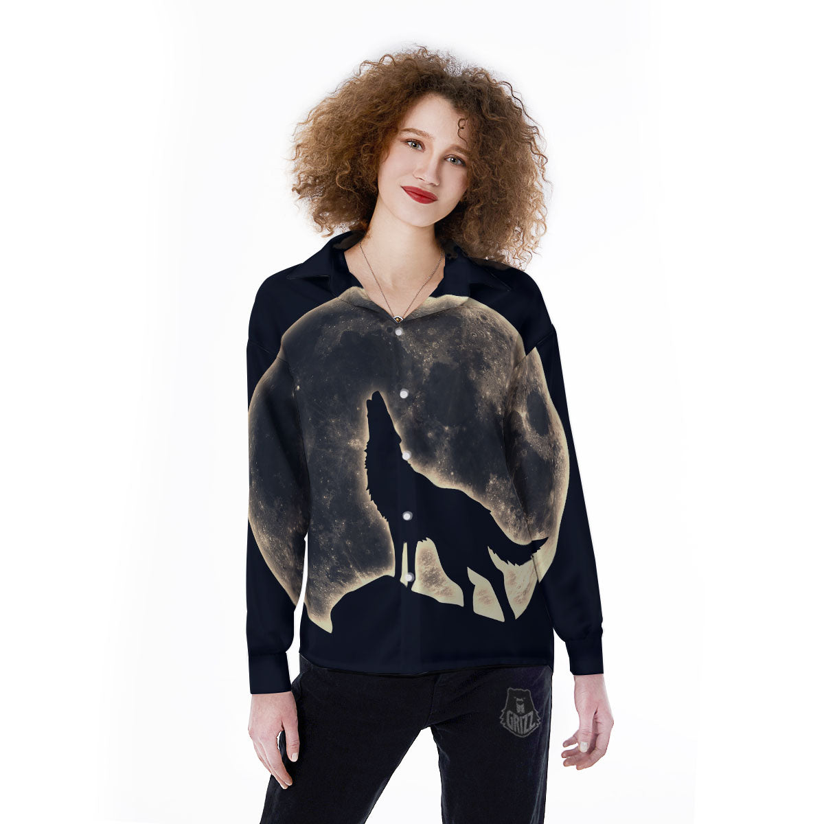 Wolf Moonlight Print Women's Long Sleeve Shirts-grizzshop