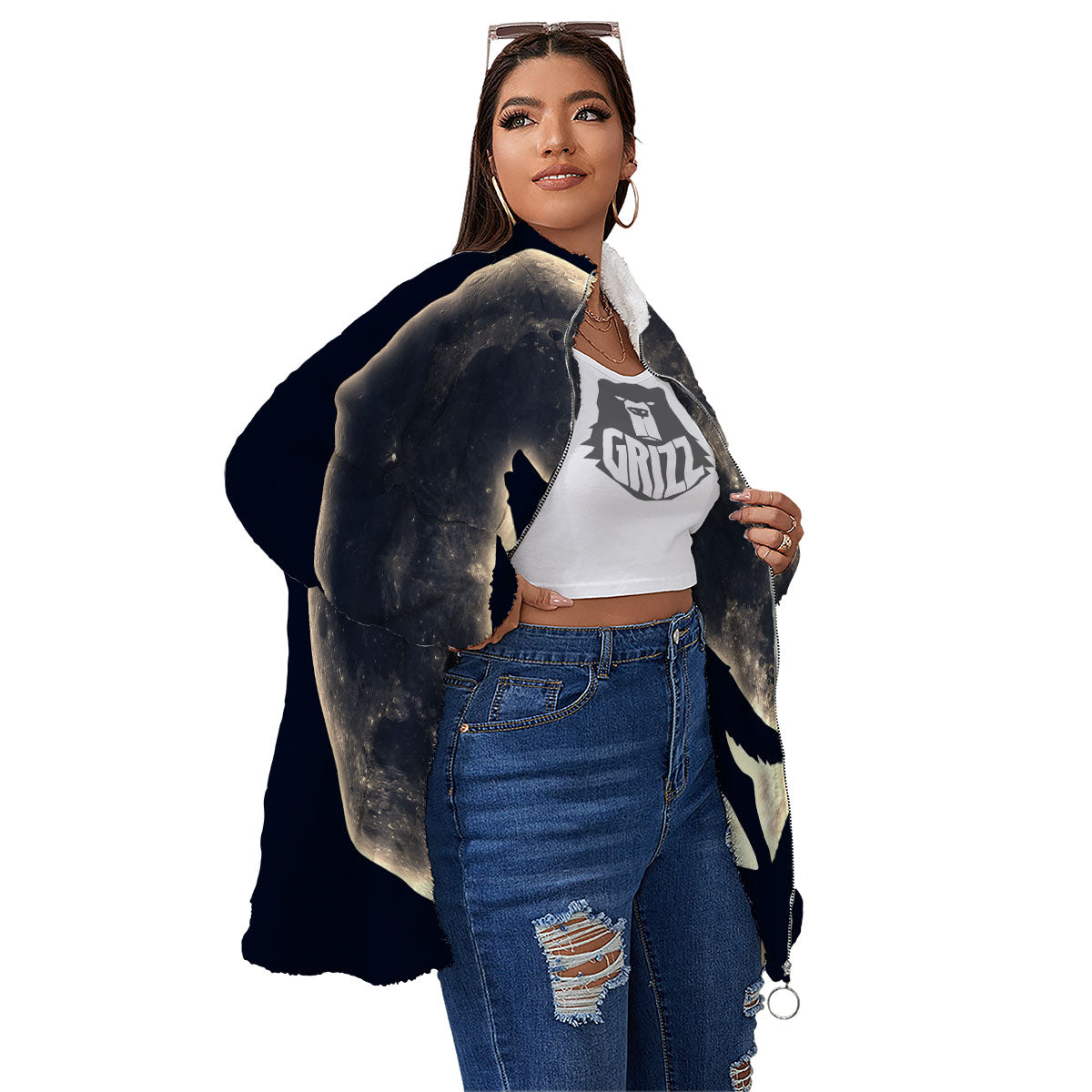 Wolf Moonlight Print Women's Sherpa Jacket-grizzshop