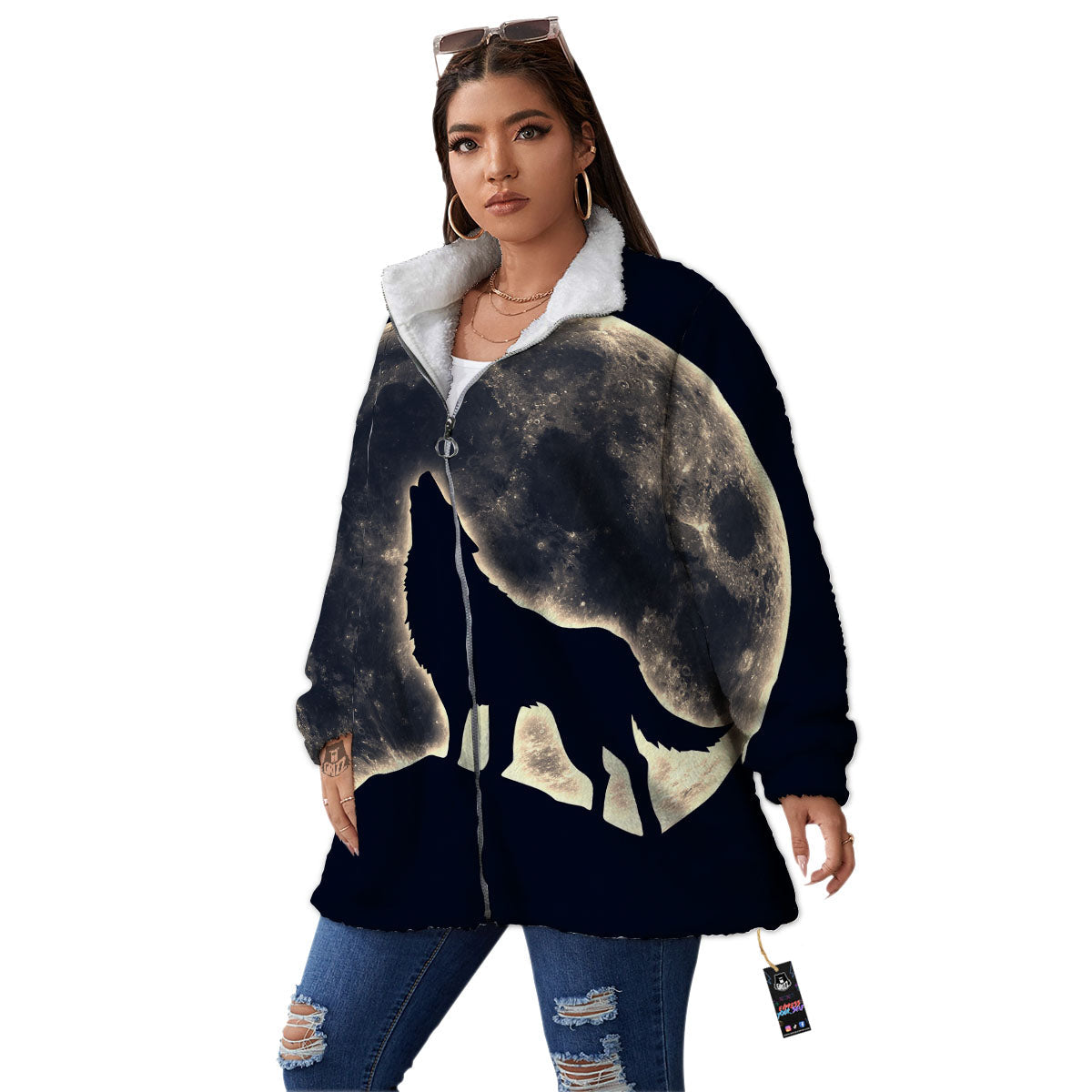 Wolf Moonlight Print Women's Sherpa Jacket-grizzshop