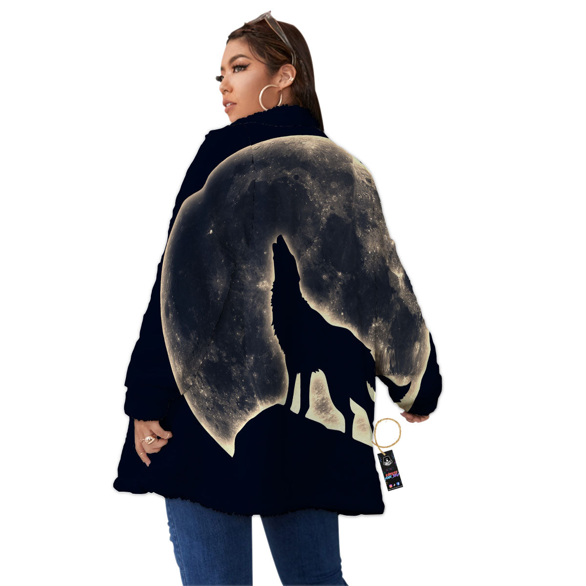 Wolf Moonlight Print Women's Sherpa Jacket-grizzshop