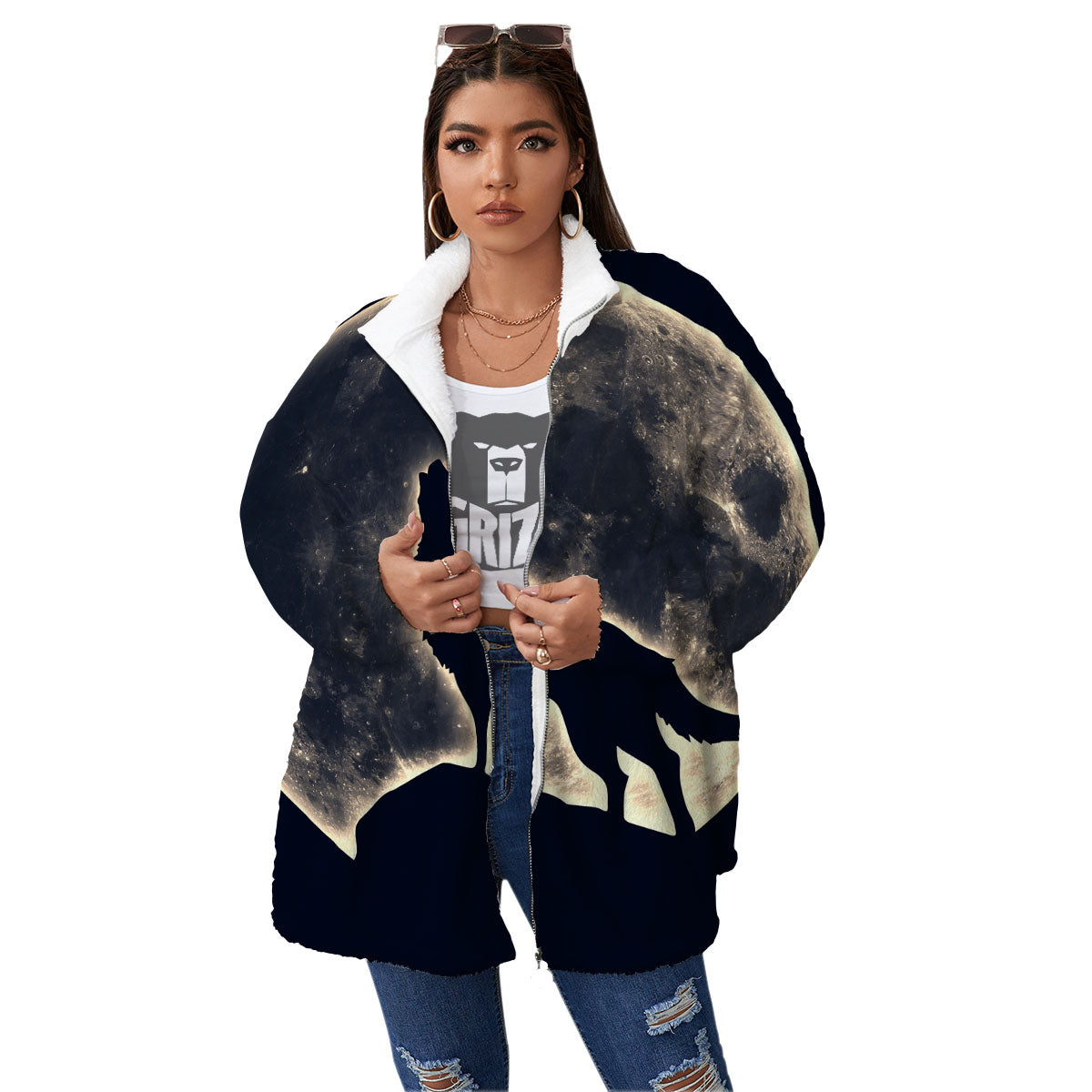 Wolf Moonlight Print Women's Sherpa Jacket-grizzshop