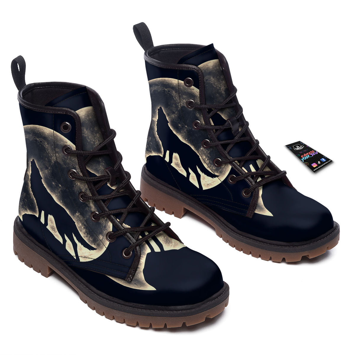 Wolf Moonlight Print Work Boots-grizzshop