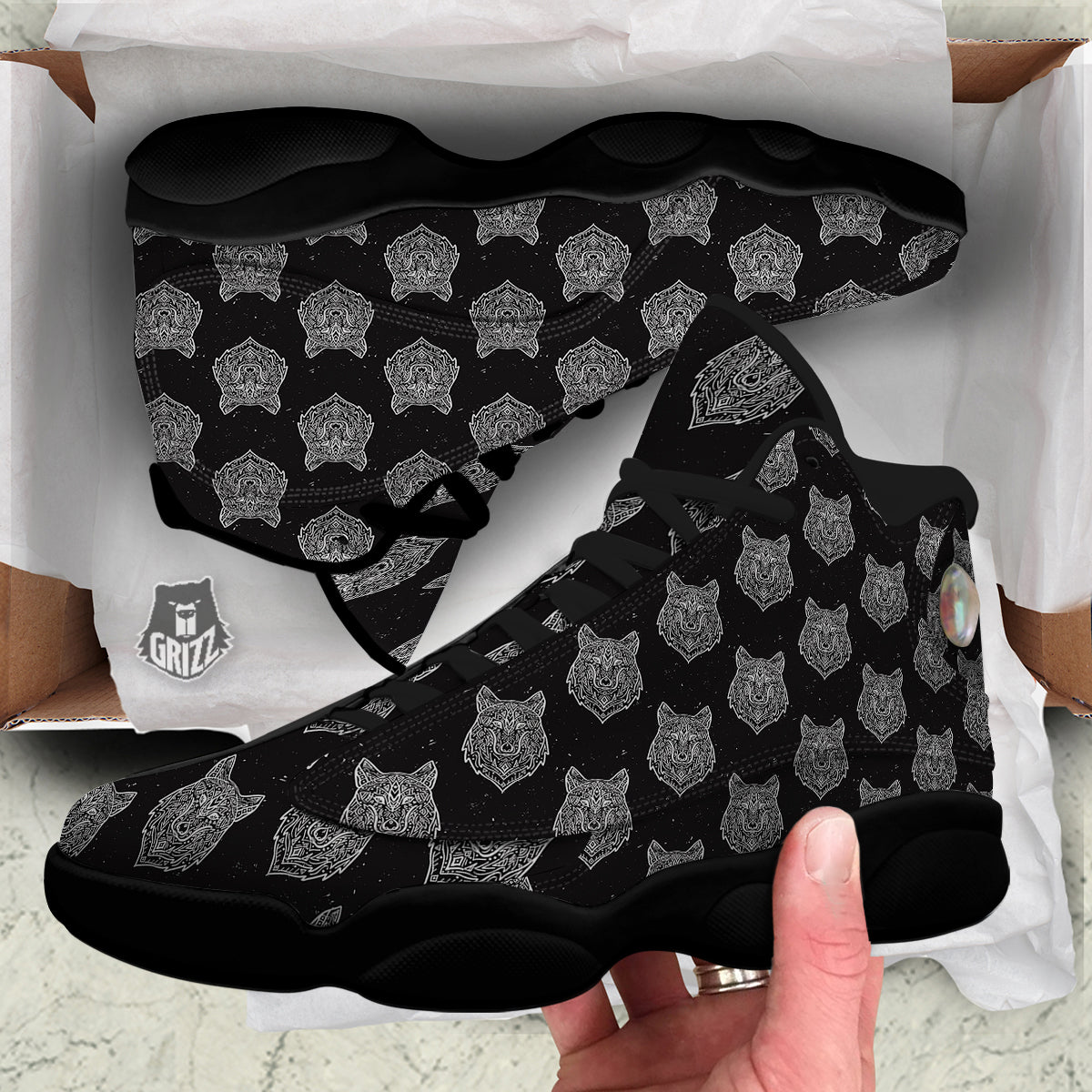 Wolf Native Tribal Print Pattern Black Basketball Shoes-grizzshop