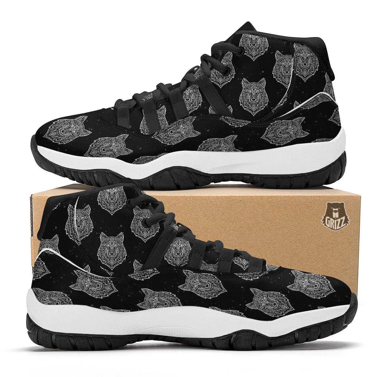 Wolf Native Tribal Print Pattern Black Bball Shoes-grizzshop
