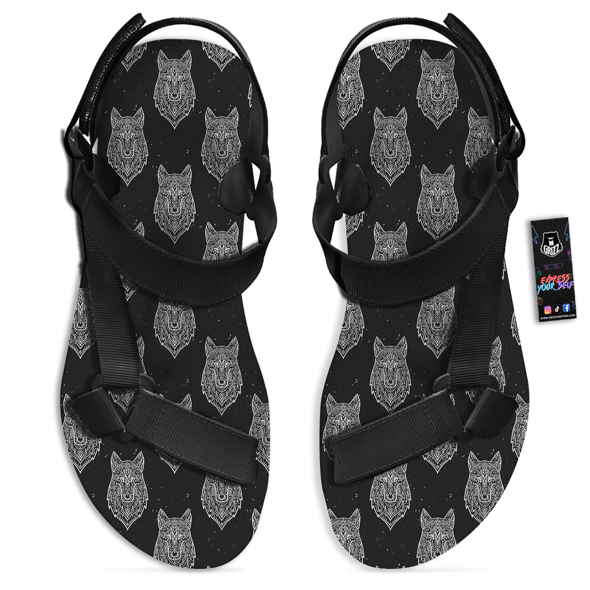 Wolf Native Tribal Print Pattern Black Open Toe Sandals-grizzshop