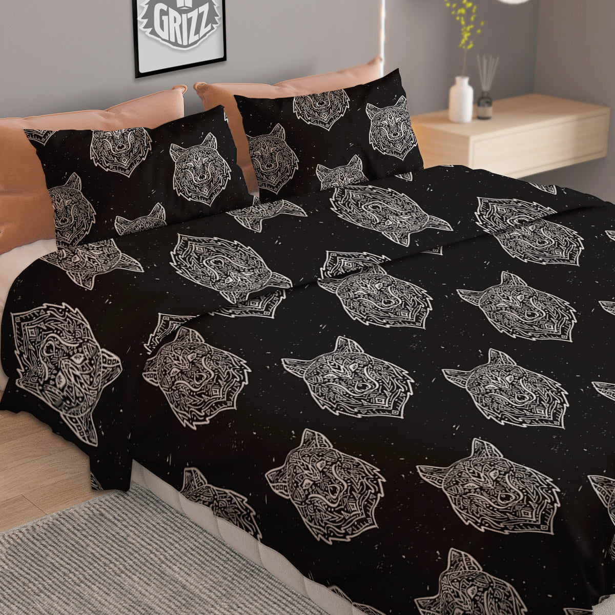 Wolf Native Tribal Print Pattern Duvet Cover Bedding Set