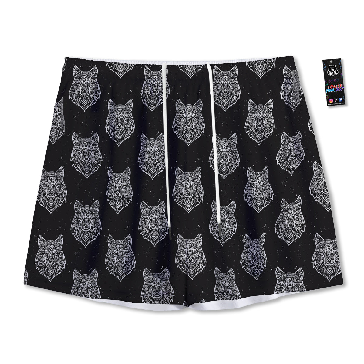 Wolf Native Tribal Print Pattern Mesh Shorts