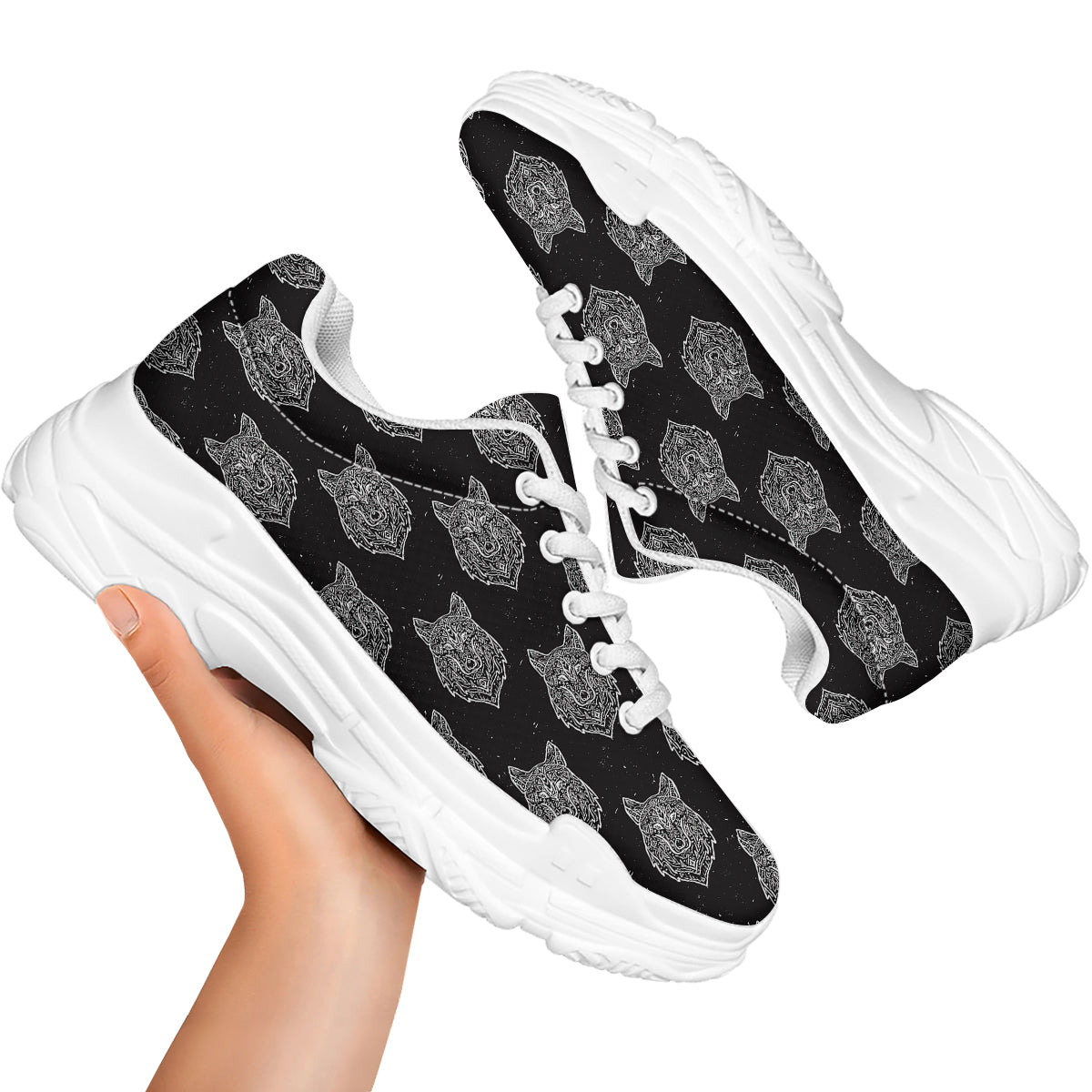 Wolf Native Tribal Print Pattern White Chunky Shoes-grizzshop