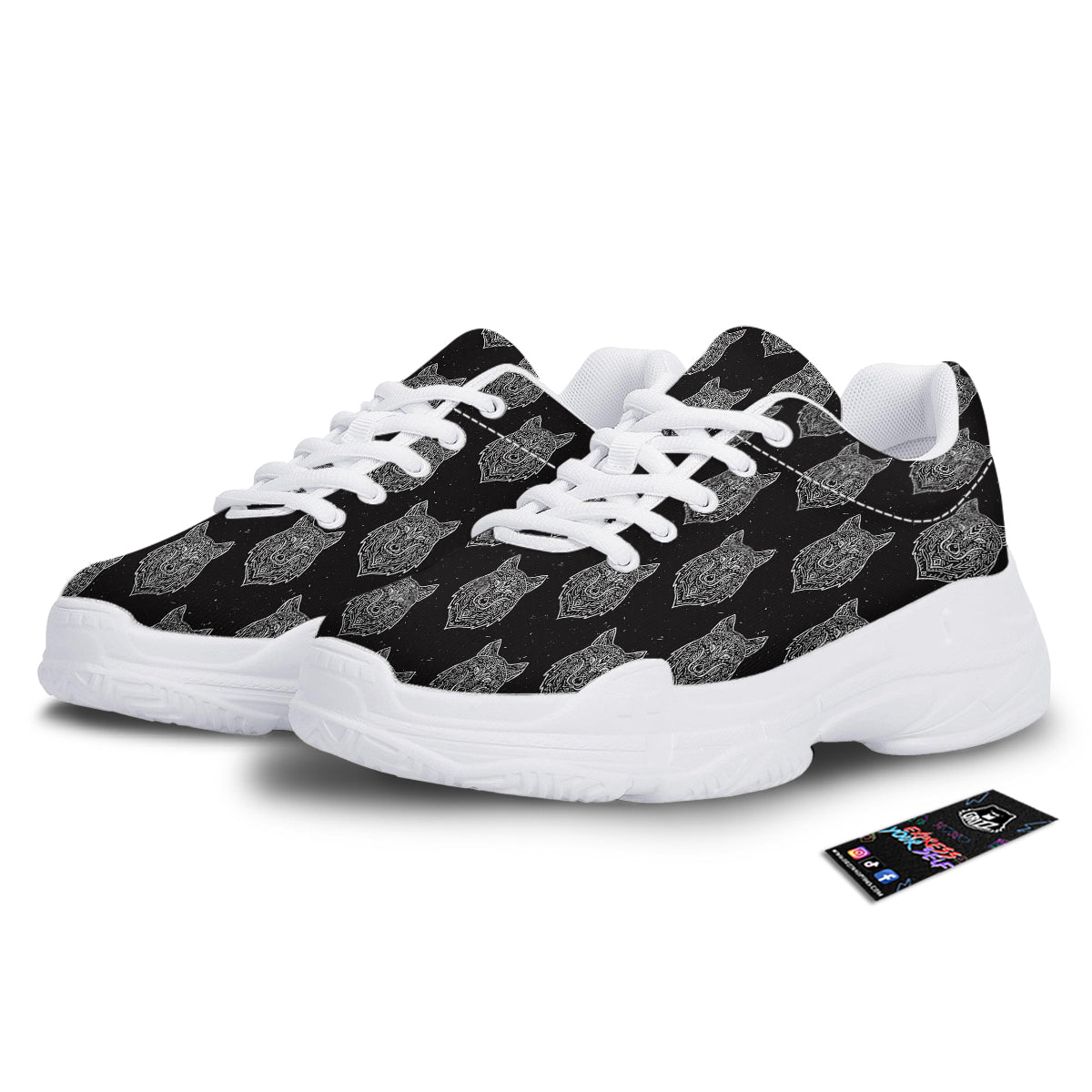 Wolf Native Tribal Print Pattern White Chunky Shoes-grizzshop