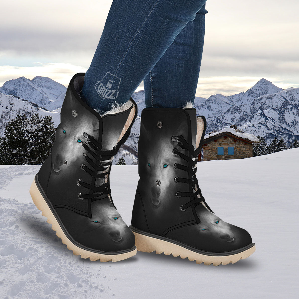 Wolf Painting Watercolor Print Snow Boots-grizzshop