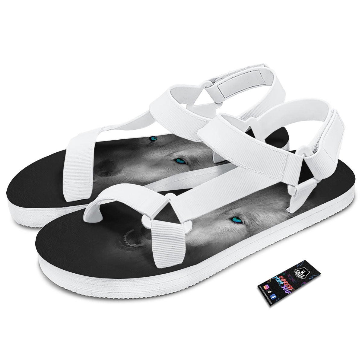 Wolf Painting Watercolor Print White Open Toe Sandals-grizzshop