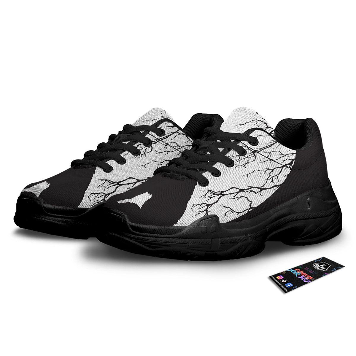 Wolf Spirit And Moon Print Black Chunky Shoes-grizzshop
