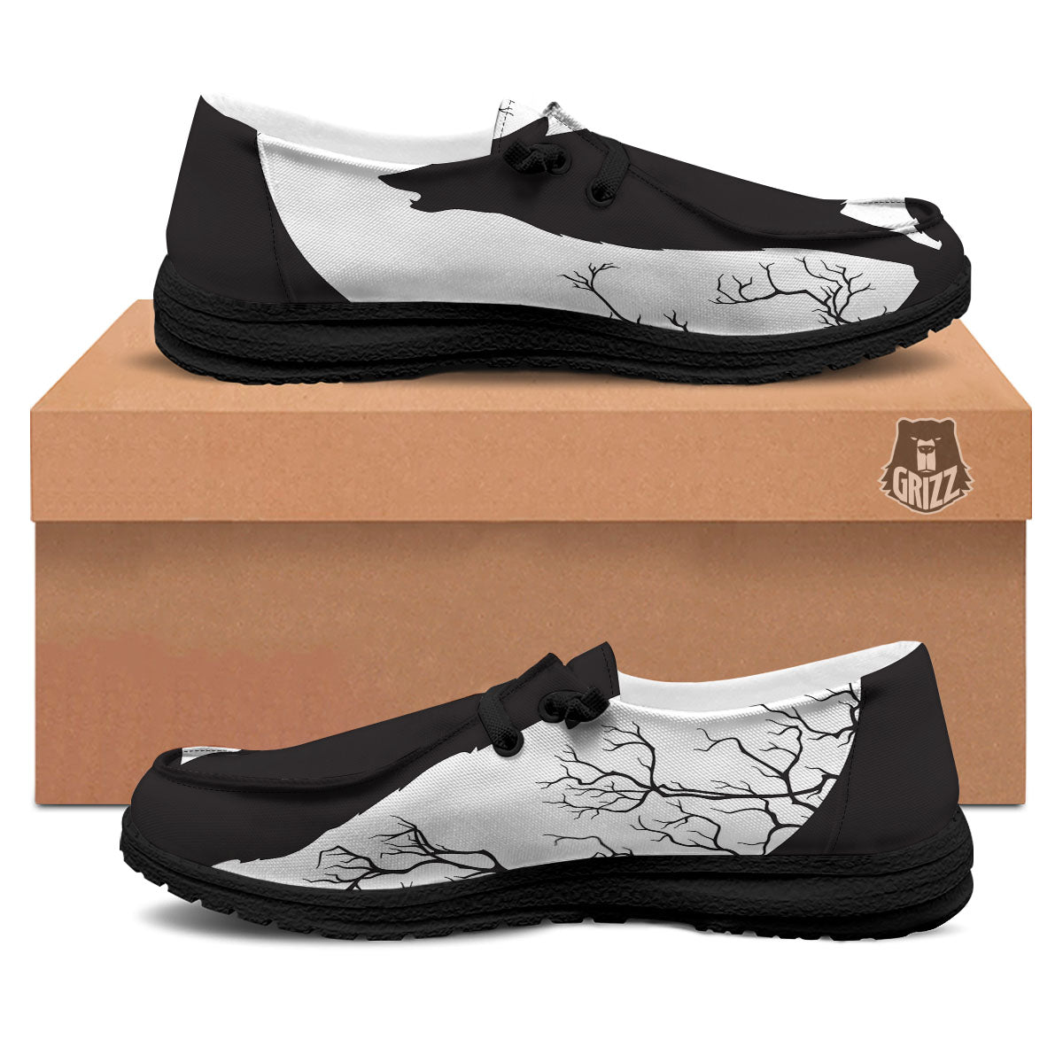 Wolf Spirit And Moon Print Black Loafers-grizzshop