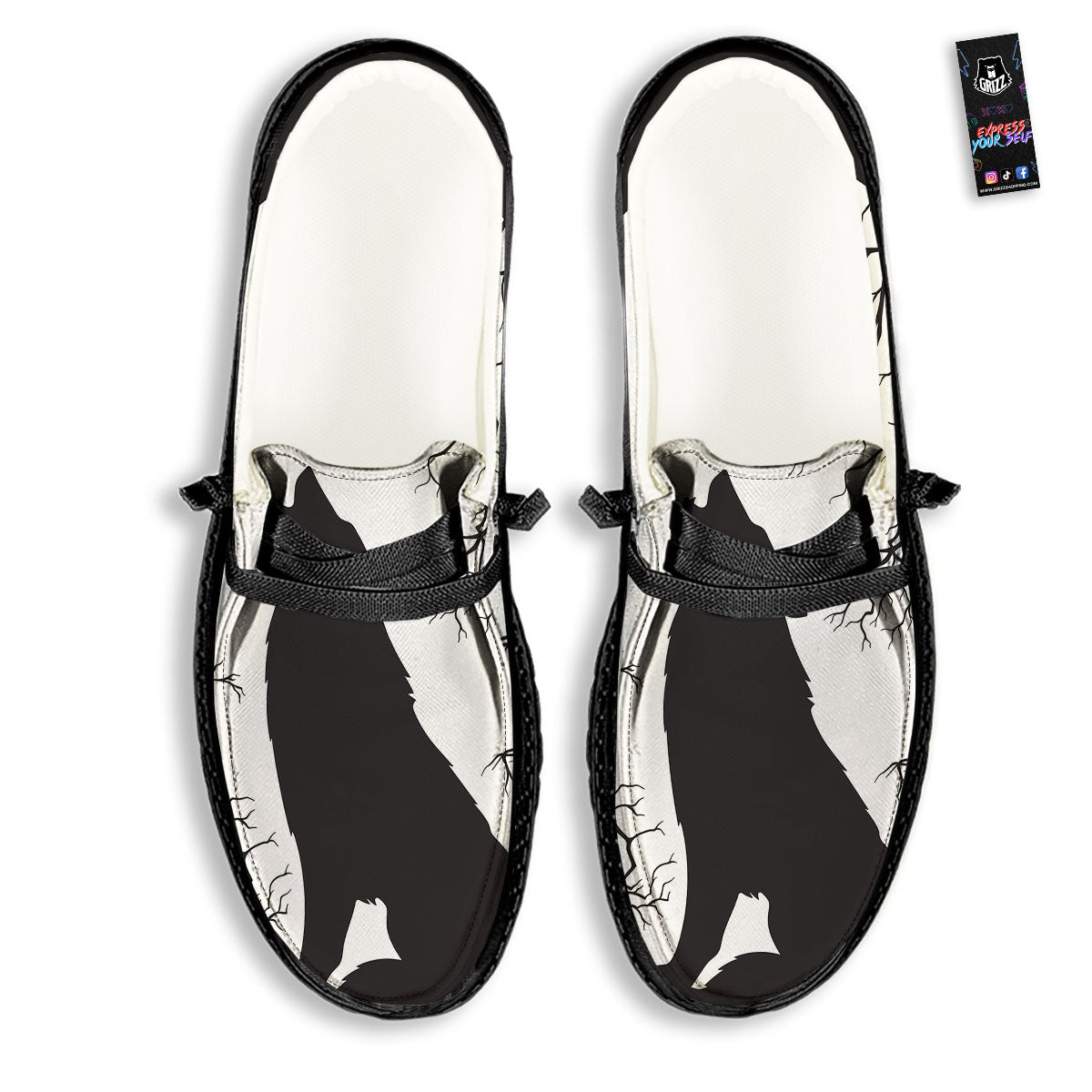 Wolf Spirit And Moon Print Black Loafers-grizzshop