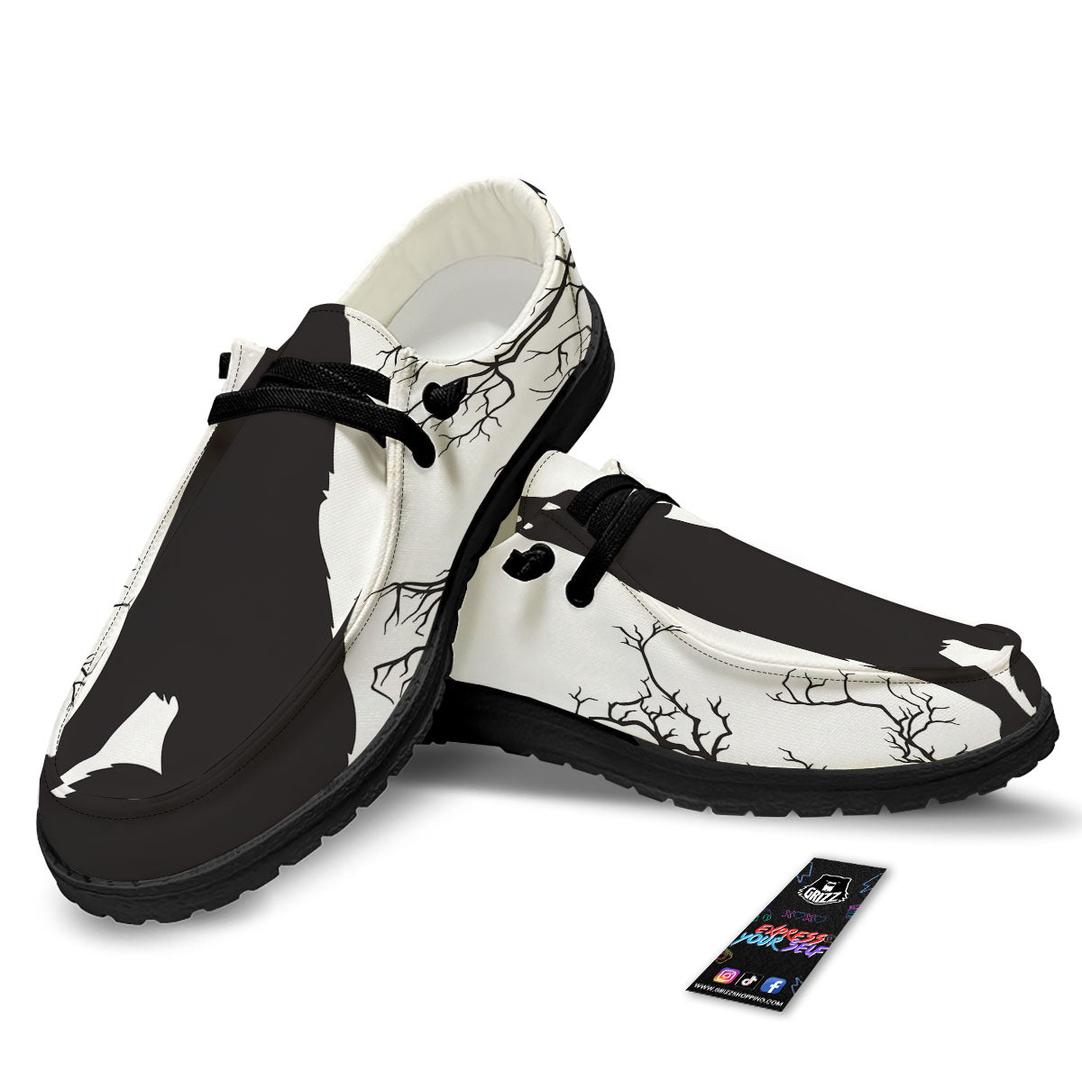 Wolf Spirit And Moon Print Black Loafers-grizzshop