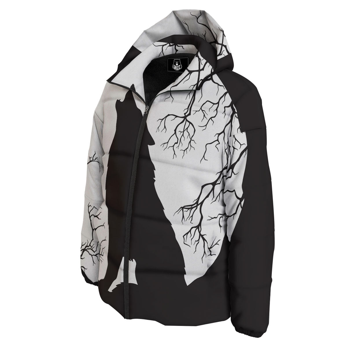 Wolf Spirit And Moon Print Down Jacket-grizzshop