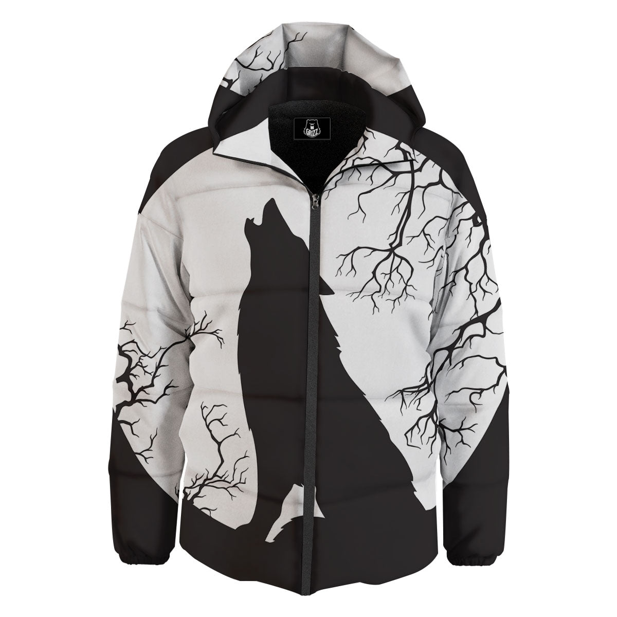 Wolf Spirit And Moon Print Down Jacket-grizzshop