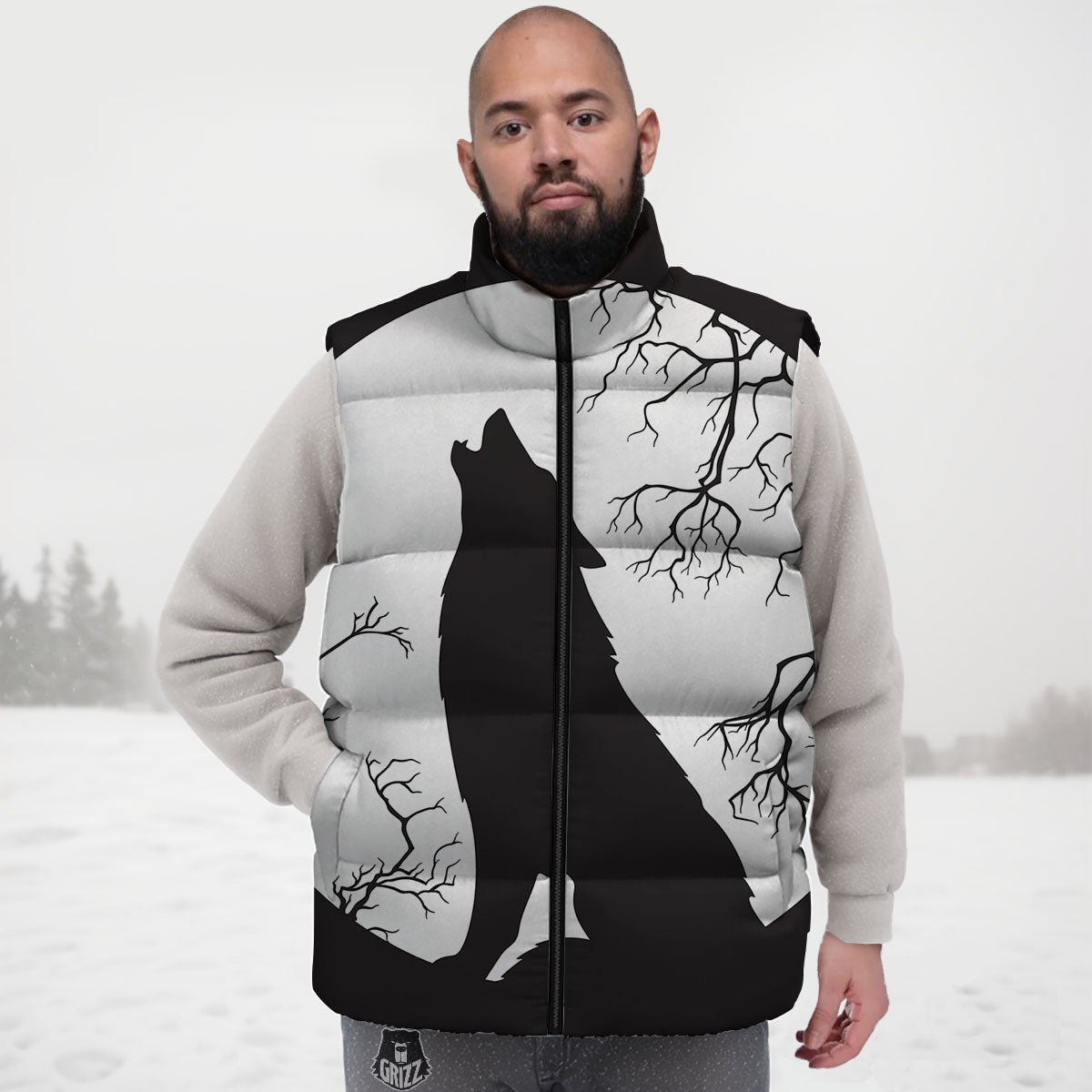 Wolf Spirit And Moon Print Down Vest