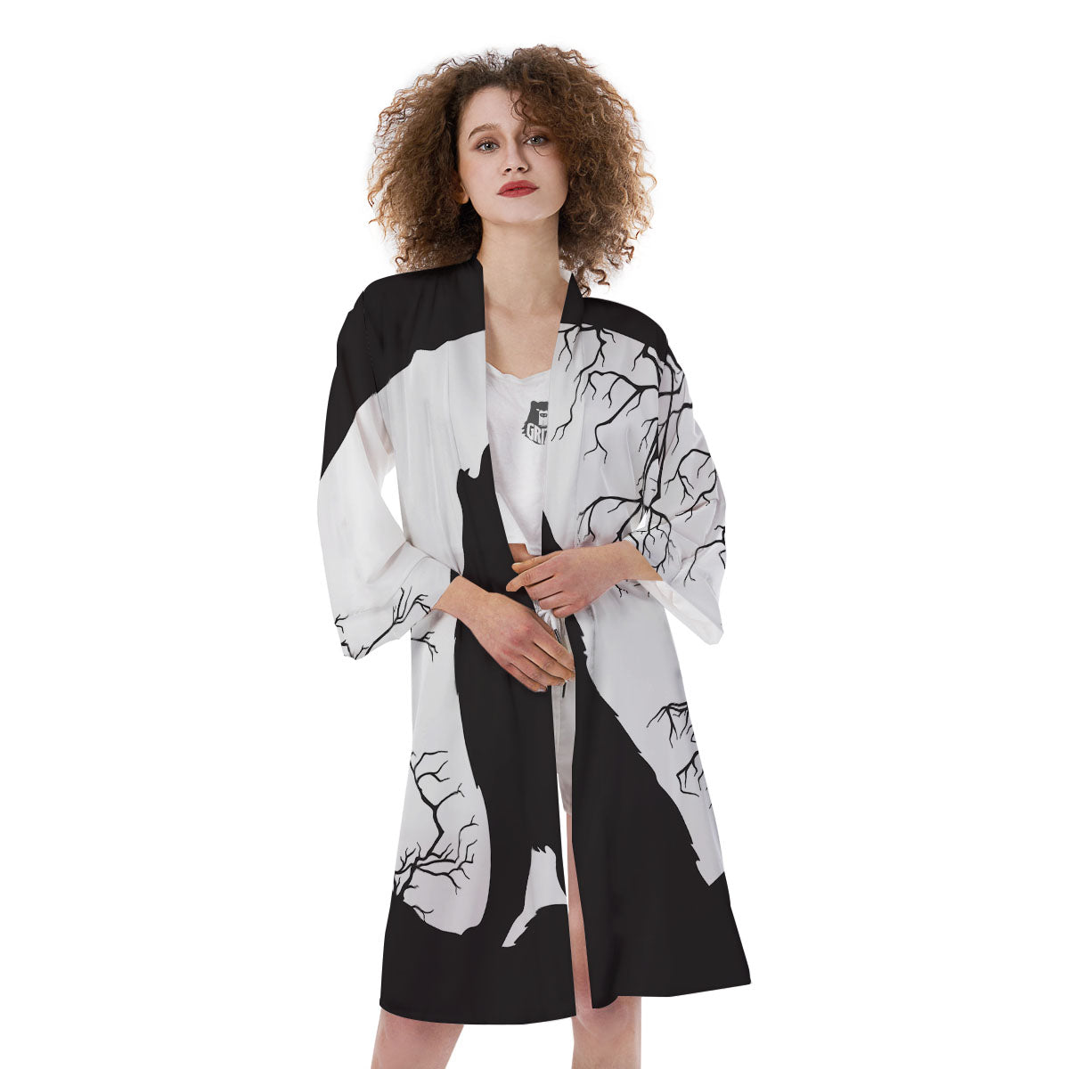 Wolf Spirit And Moon Print Kimono-grizzshop