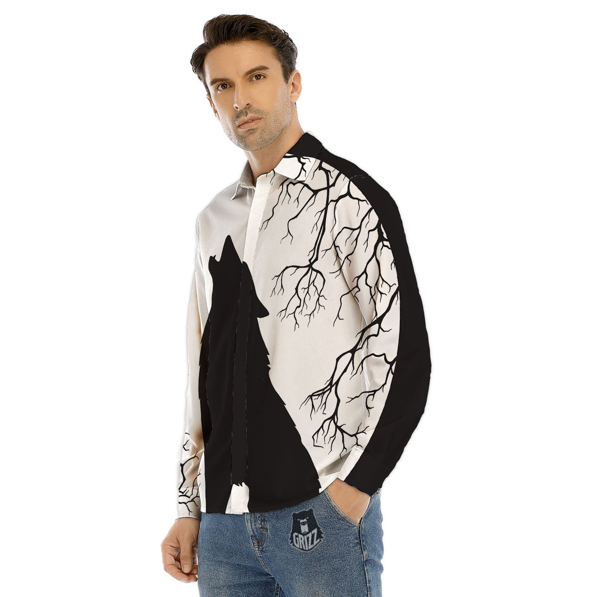 Wolf Spirit And Moon Print Men's Dress Shirts-grizzshop