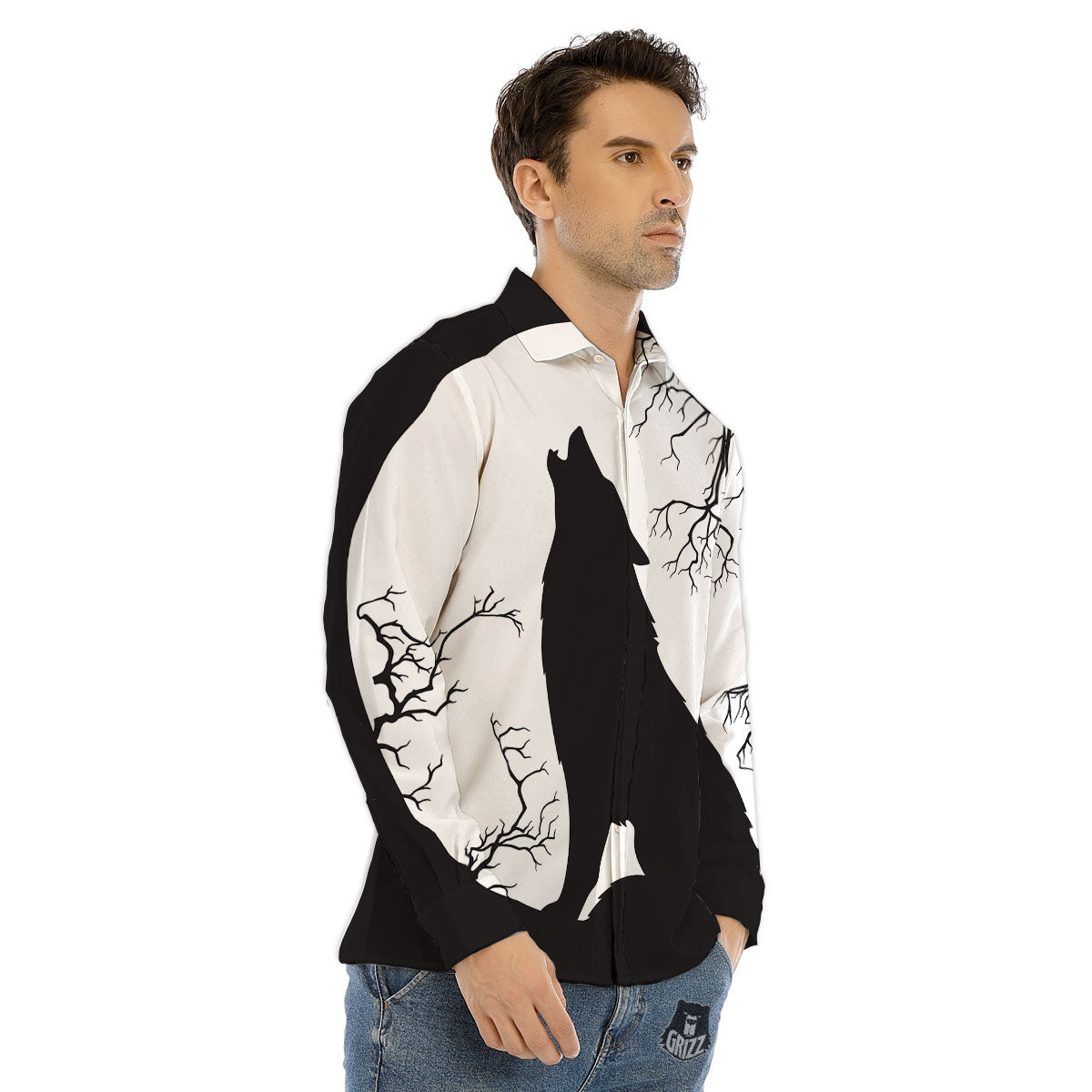 Wolf Spirit And Moon Print Men's Dress Shirts-grizzshop