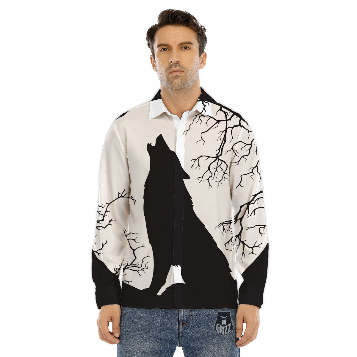 Wolf Spirit And Moon Print Men's Dress Shirts-grizzshop