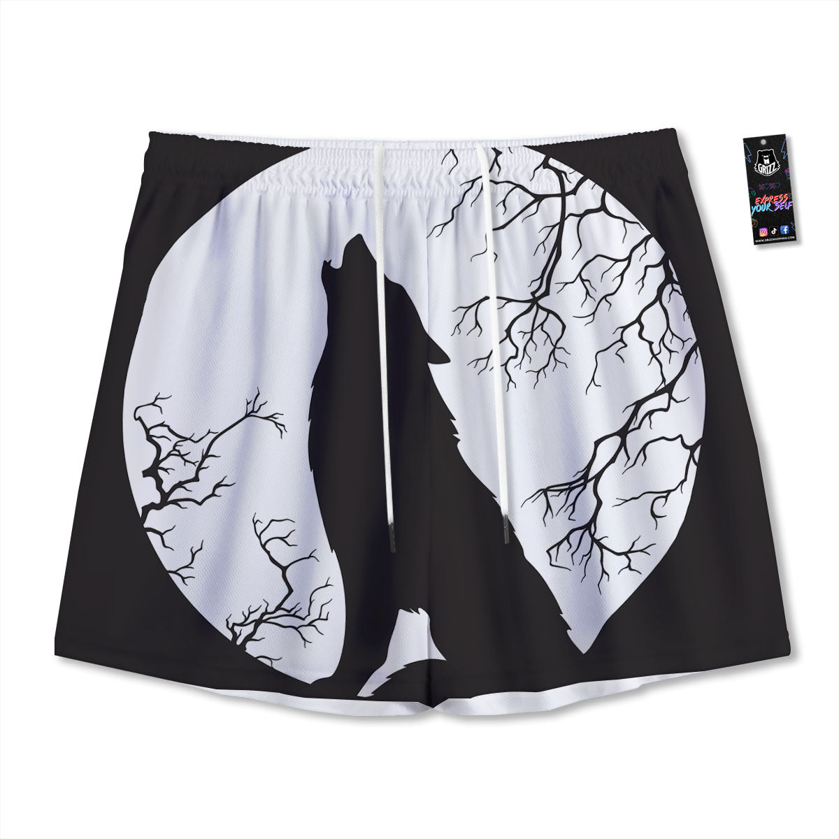 Wolf Spirit And Moon Print Mesh Shorts