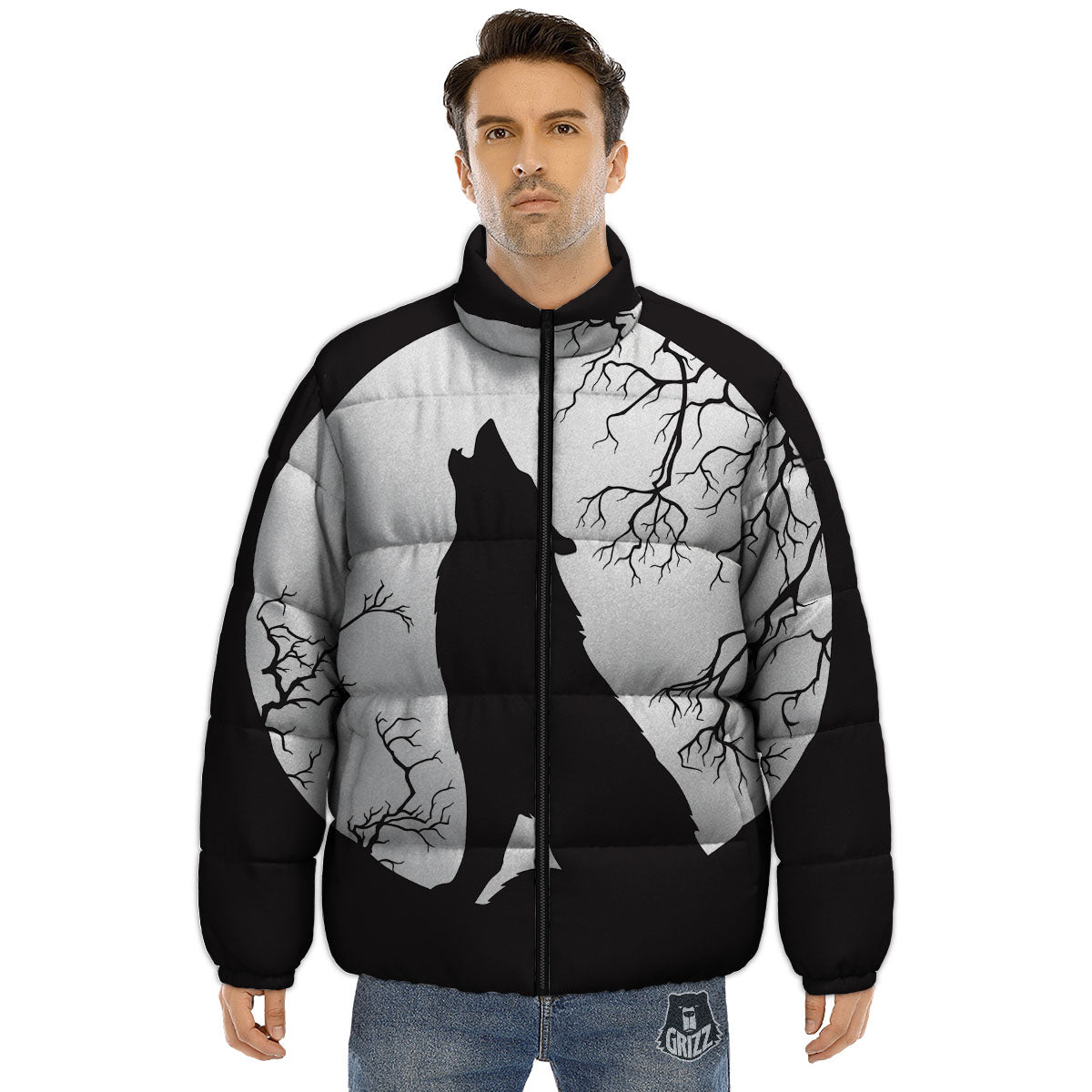 Wolf Spirit And Moon Print Puffer Jacket-grizzshop