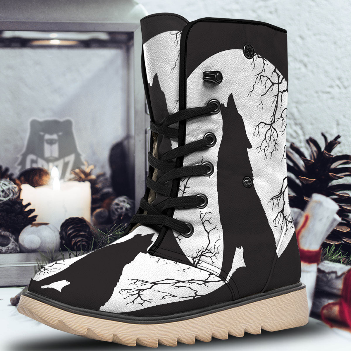 Wolf Spirit And Moon Print Snow Boots-grizzshop