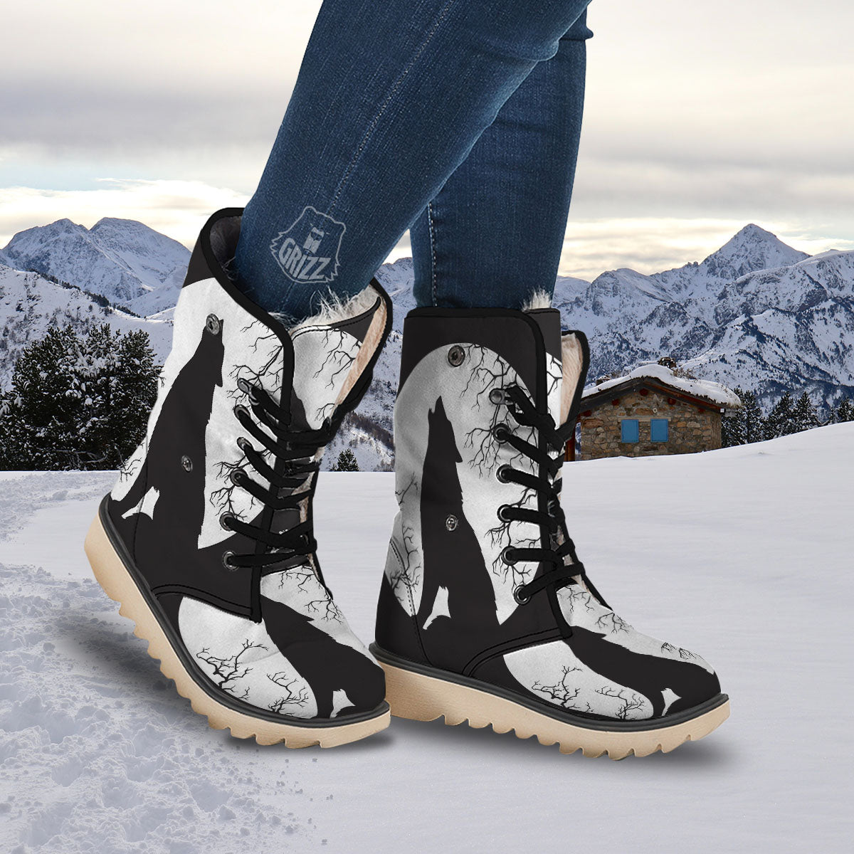 Wolf Spirit And Moon Print Snow Boots-grizzshop