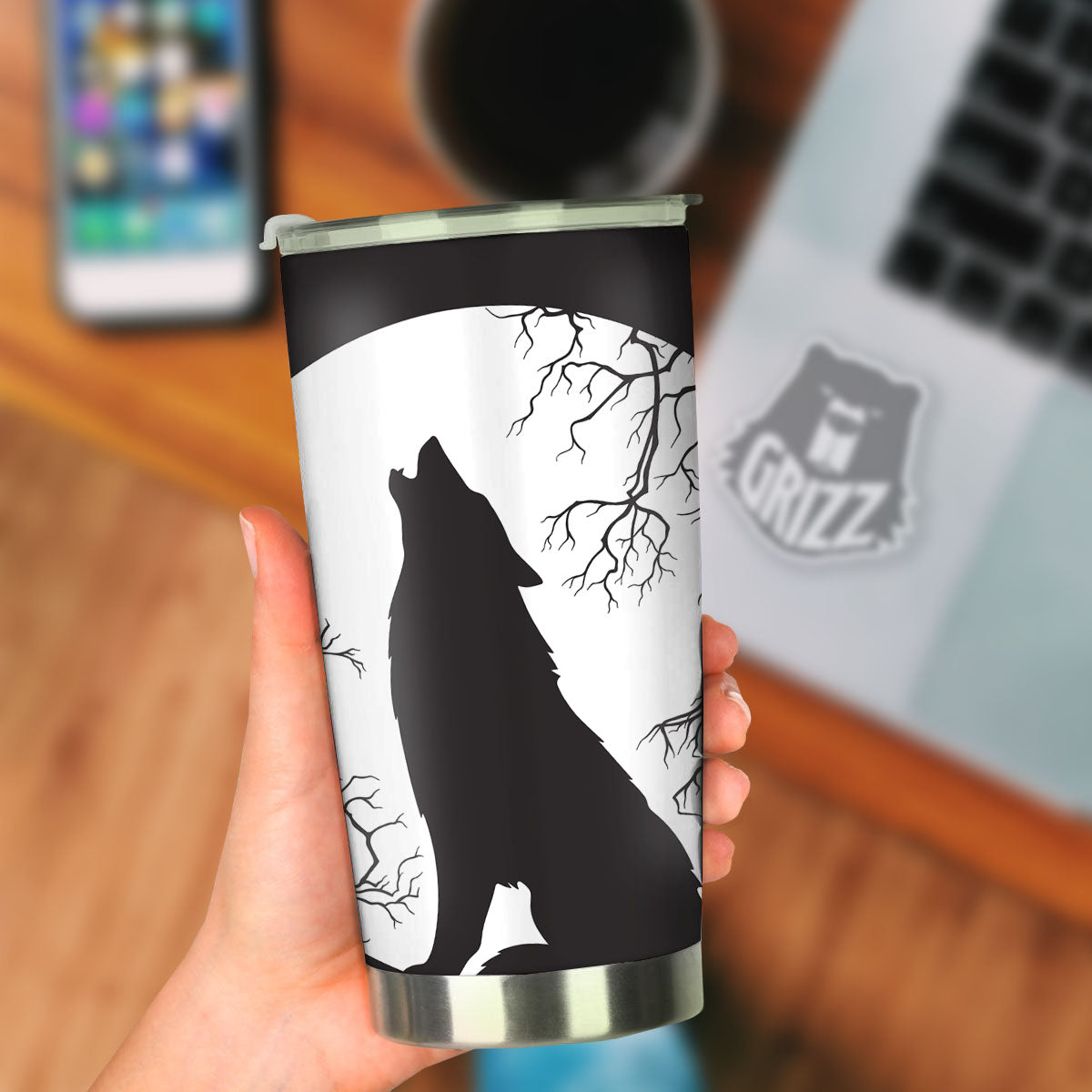 Wolf Spirit And Moon Print Tumbler-grizzshop