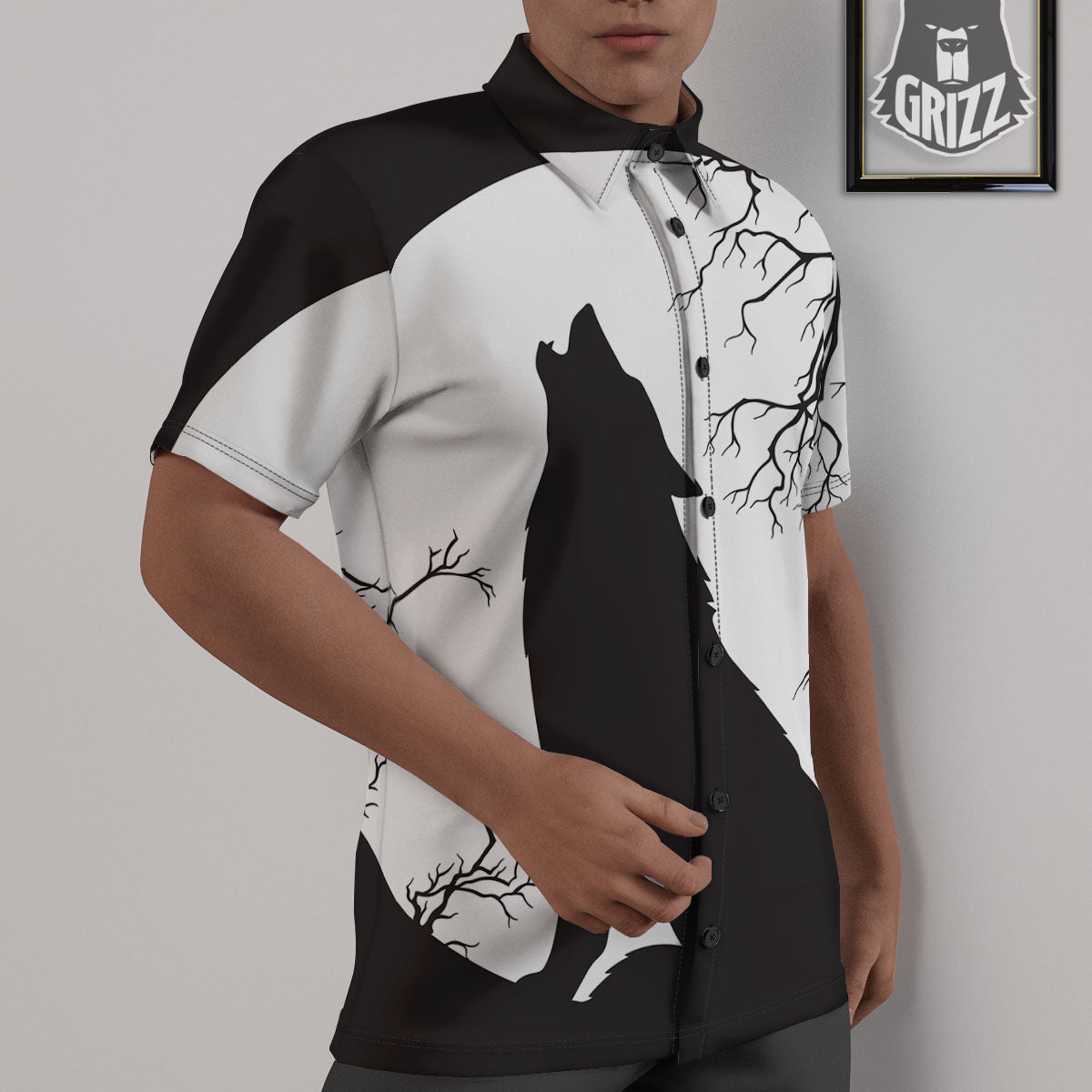 Wolf Spirit And Moon Print Untucked Shirts-grizzshop